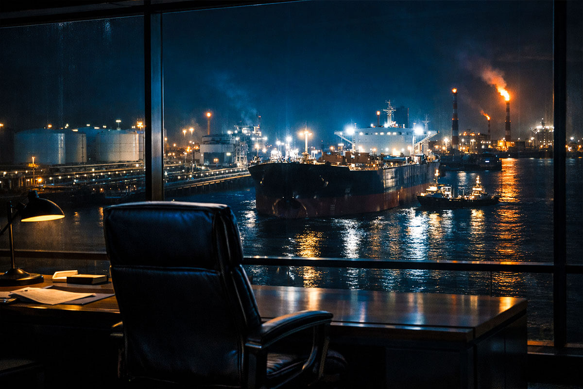 Executive office overlooking an industrial port at night, reflecting Wall Street’s push to bring real-world assets on-chain under institutional control