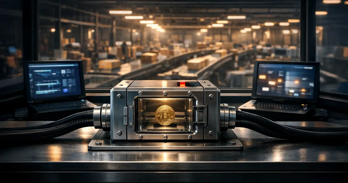 Bitcoin secured inside a transparent payment module between connected AI systems in a factory control room, symbolizing crypto’s potential role in protecting machine-to-machine transactions online